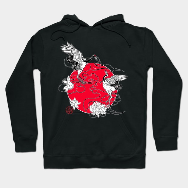 Cranes in love and Japanese peonies Hoodie by Ukiyograph